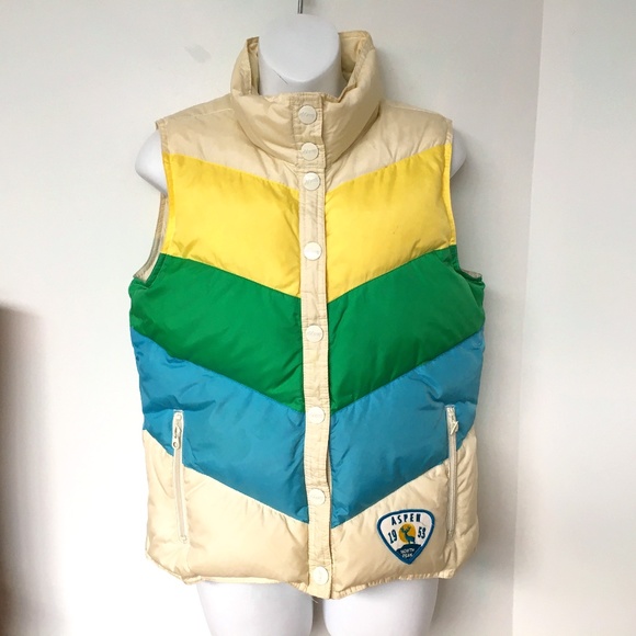 Old Navy Jackets & Blazers - Old Navy Puffer Vest Blue Green Cream Color Block Down Blend Size M Snap Front